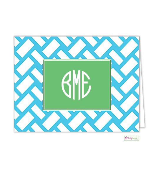 Aqua Basketweave Monogrammed Folded Note Cards - Kelly Hughes Designs